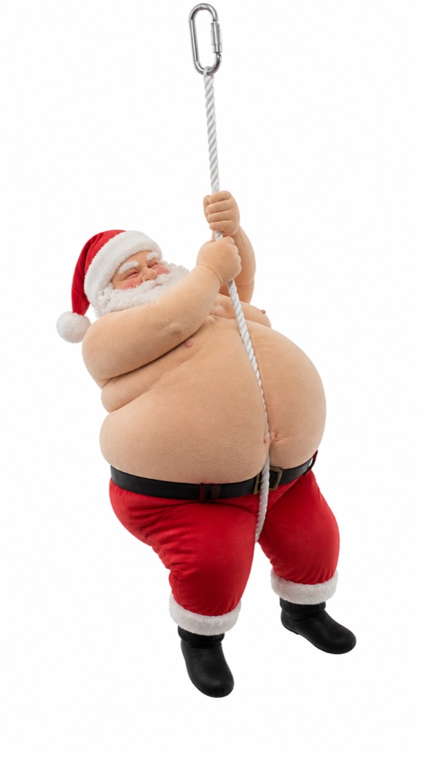 Oversized Santa hanging by a rope and carabiner